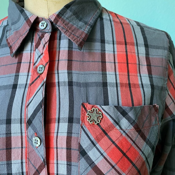 Obey Women’s red grey plaid collared button down shirt / size medium small - Picture 2 of 8